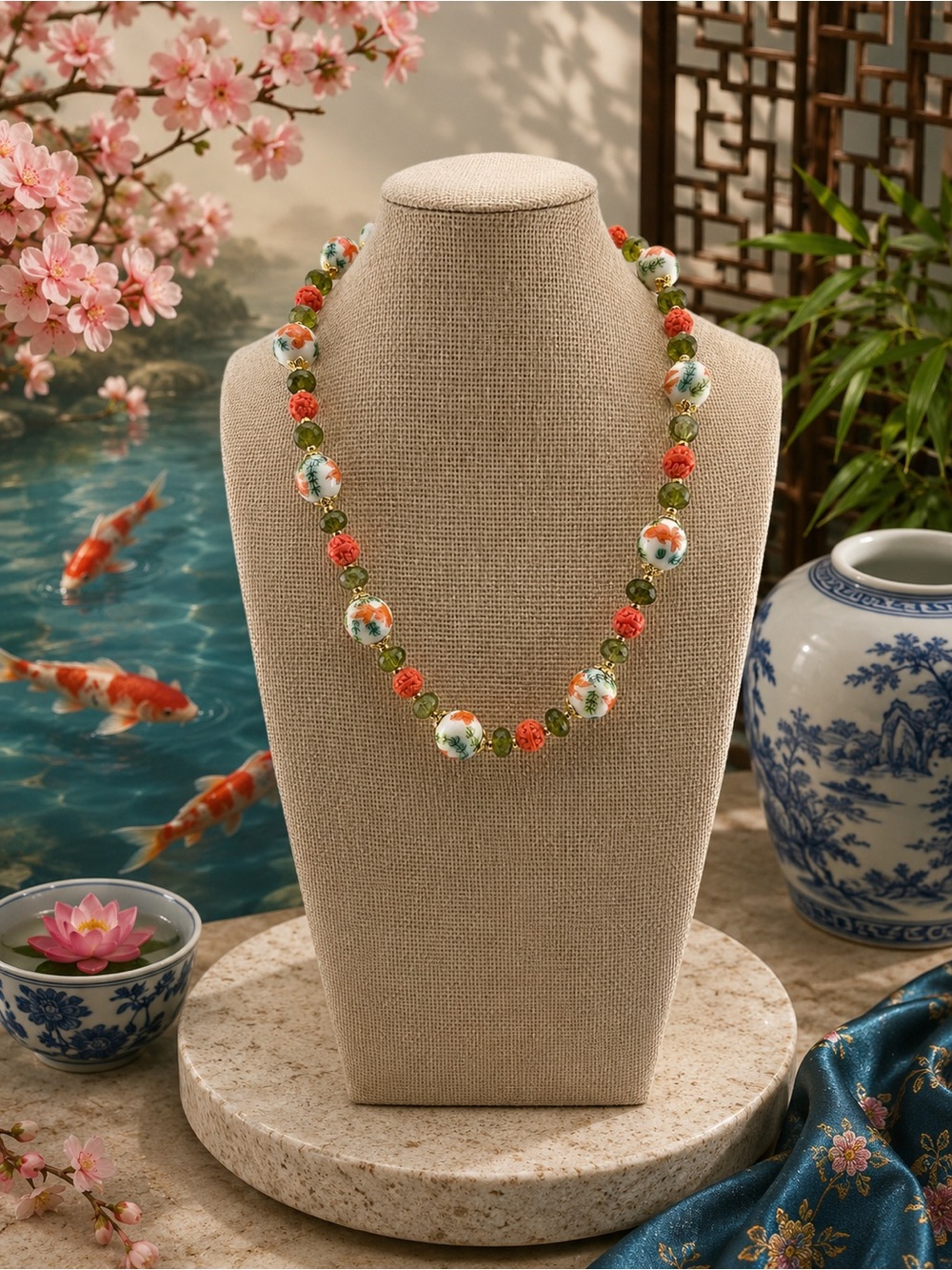 Fanta, goldfish , porcelain and angel skin composite coral necklace
